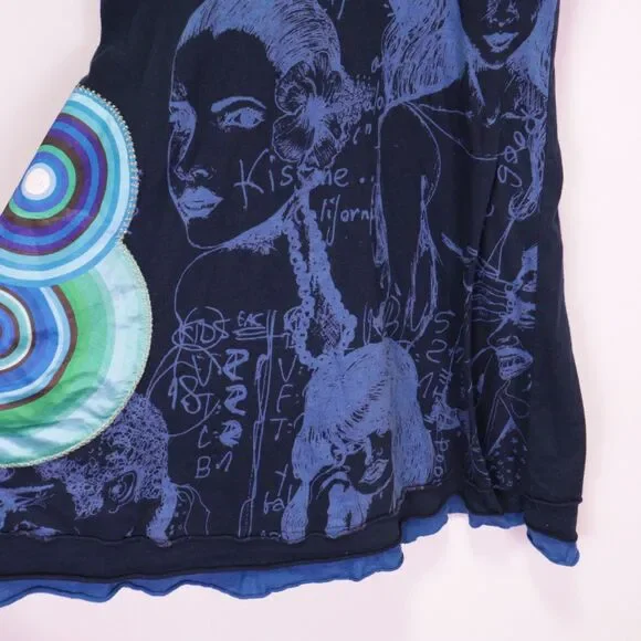 Y2K Desigual Dress Women EU L/US Medium Mixed Print Blue Graphic Silver V Neck - Picture 7 of 10